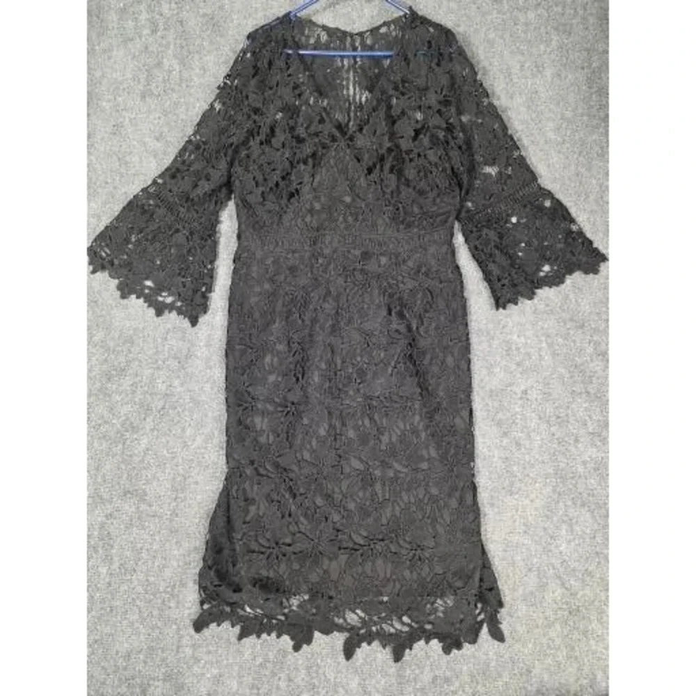 City Chic Lace Catch Dress Black Floral Midi Bell Sleeve Plus Sz M 18 Whimsigoth